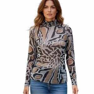 TED BAKER Lauza Printed Mesh Top Animal Print Mock Neck Sheer - Size 1 (US 4-SM)